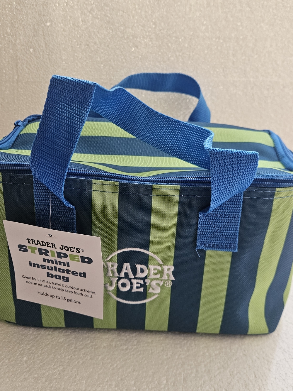 Trader Joe's Blue & Lime Green Striped Mini Insulated Bag